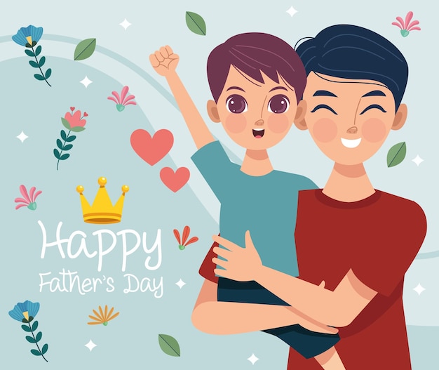 Happy fathers day greeting card with daddy lifting son