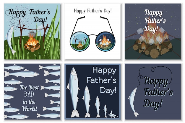 Vector happy fathers day greeting cards set for dad fisherman with campfire, roasting marshmallows, glasses, catching fish and text.