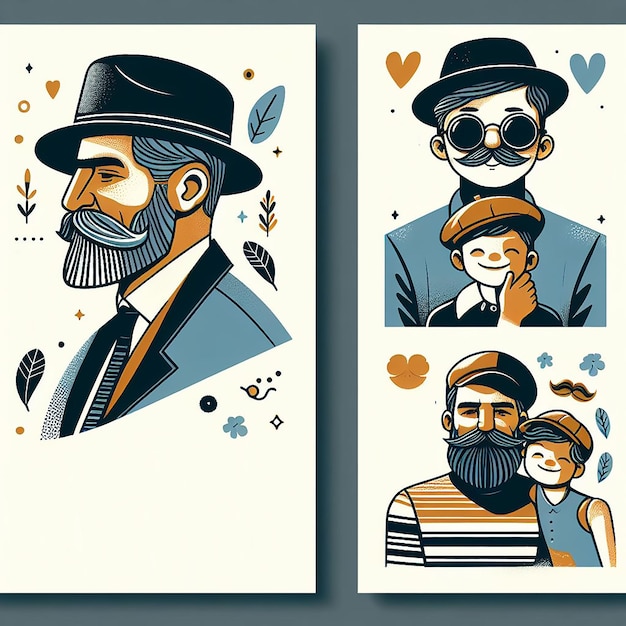 Happy fathers day greeting color backgrounds Dad felicitation vintage retro card set Mustache