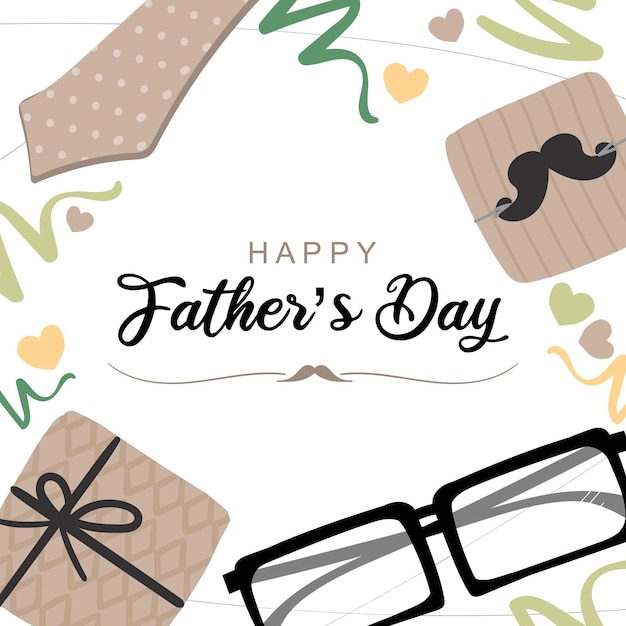 Happy Fathers Day greeting Vector background with doodle giftbox bow tie and glasses