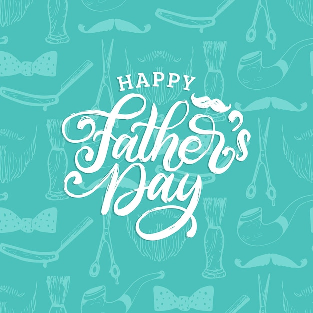 Happy Fathers Day hand lettering on seamless pattern background Vector calligraphic inscription for greeting card festive poster etc