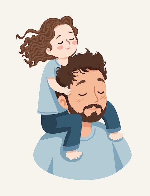 Happy Fathers Day Little girl sitting on fathers shoulders Vector cozy illustration