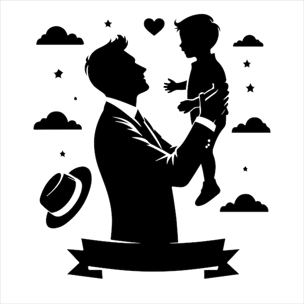 Vettore di silhouette del logo di happy fathers day con papà e figli