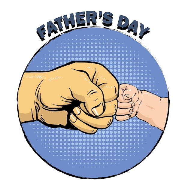 Happy fathers day poster in retro comic style pop art vector illustration father and son fist bump