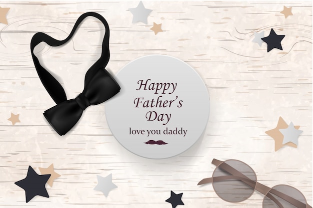 Happy fathers day template greeting card. fathers day banner, flyer, invitation, congratulation or poster design. father's day concept. design with black bow tie, glasses on wooden background.