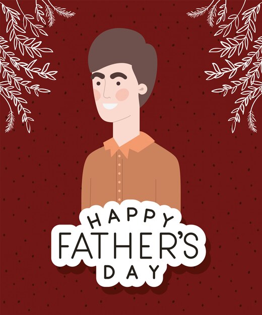 Happy fathers day text man cartoon and leaves