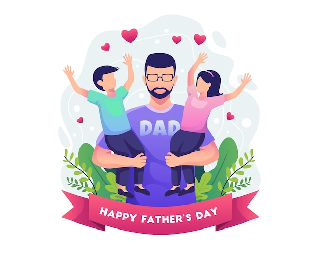 Vector happy fathers day with father holding his two children illustration