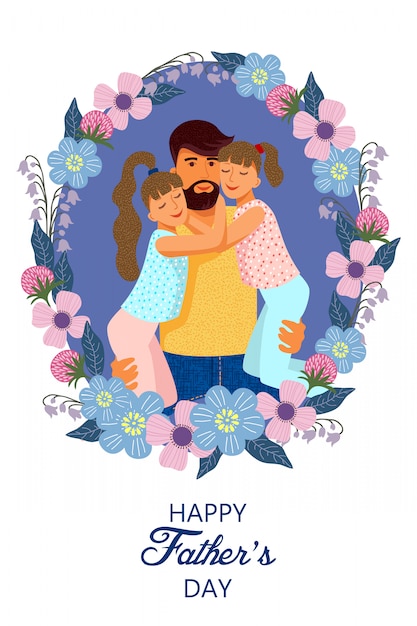 Вектор Счастливый день отцов, венок с милой плоской мультфильм отца и две дочери с текстом.