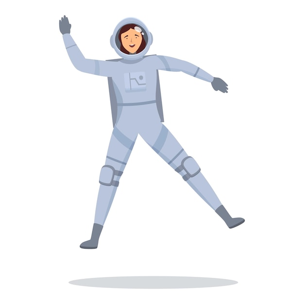happy female astronaut floating in space wearing spacesuit waving at camera