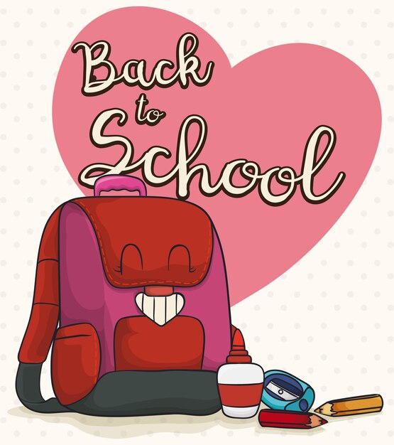 Вектор Счастливый женский рюкзак с сердцем и принадлежностями для обратно в школу в мультяшном стиле
