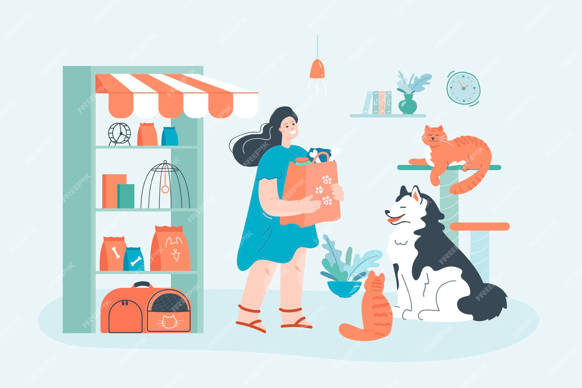 Premium Vector | Happy female buying different goods for domestic animals.  girl inside of shop for pets, small petshop interior, cute dog and cats  flat vector illustration. pets, shopping, care concept for