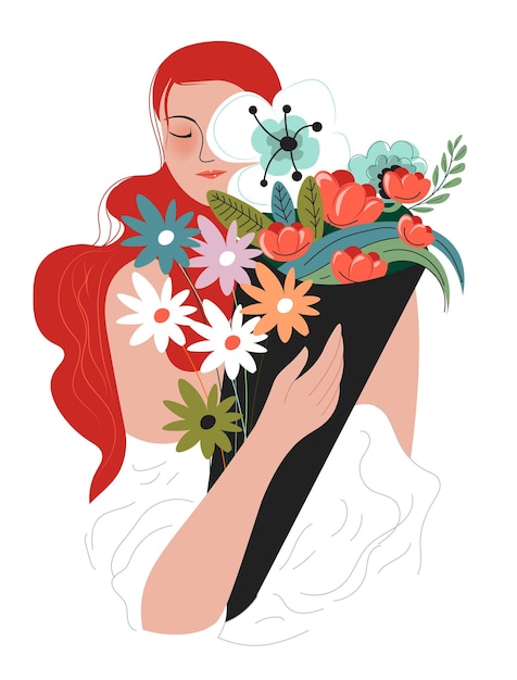 Vector happy female character holding bouquet in hands