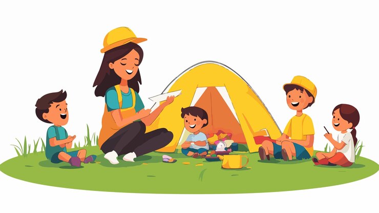 Vector happy female counselor engaging in activities with kids