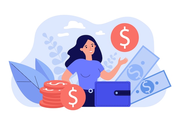 Vector happy female entrepreneur surrounded money and showing gold coin