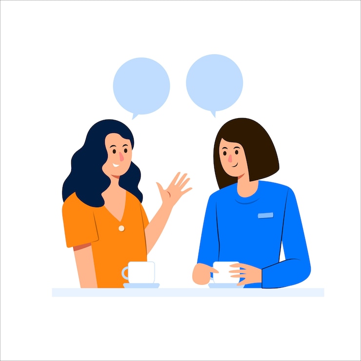 Vector 커피를 마시면서 이야기하는 행복 한 여자 친구