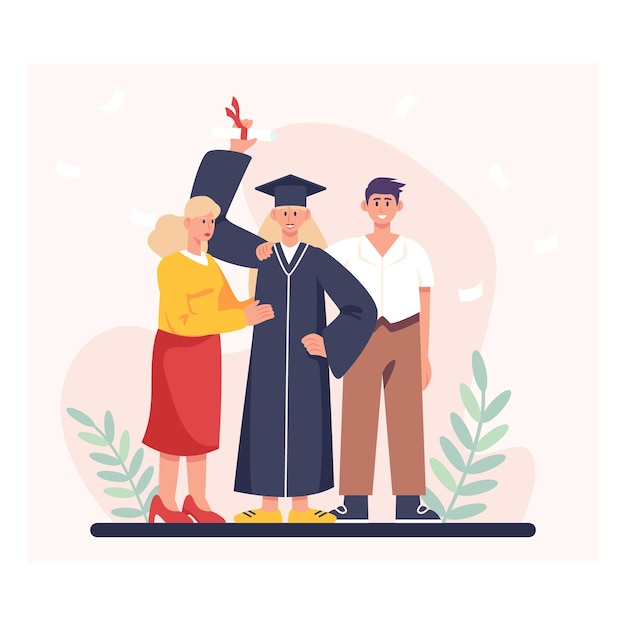 Vector happy female student in academic dress standing with mom and dad celebrate graduation