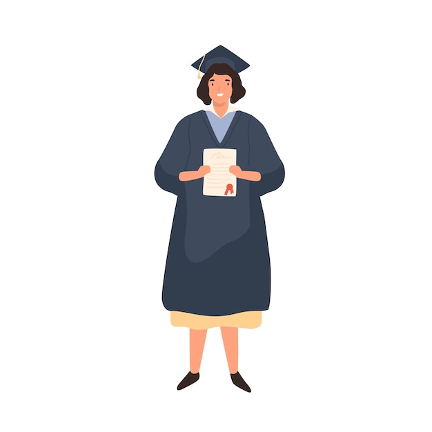 Vector happy female student holding diploma vector flat illustration. smiling woman wearing robe and cap isolated on white background. joyful graduated person demonstrating certificate.