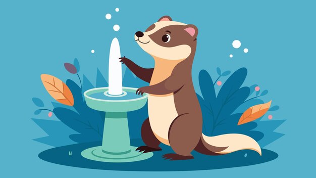 Vector a happy ferret stands on its hind legs reaching up to sample the trickling water from a whimsical