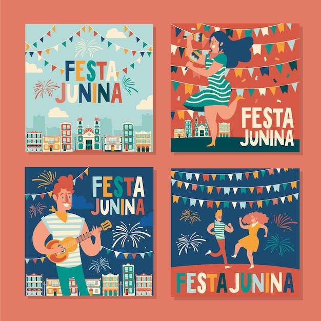 Happy festa junina festival hand drawn card pack