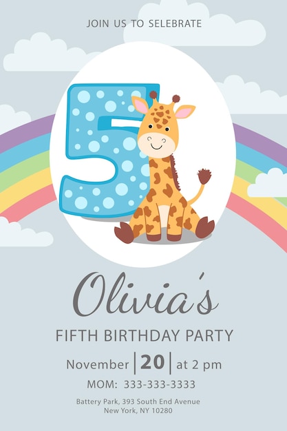 Vector happy fifth birthday with giraffe baby girl invitation card vector