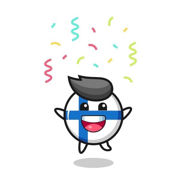 Happy finland flag badge mascot jumping for congratulation with colour confetti