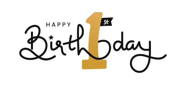 Vector happy first birthday handwritten isolated on white with number on vector hand drawn lettering