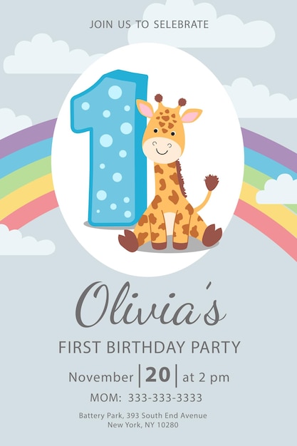 Vector happy first birthday with giraffe baby girl invitation card vector