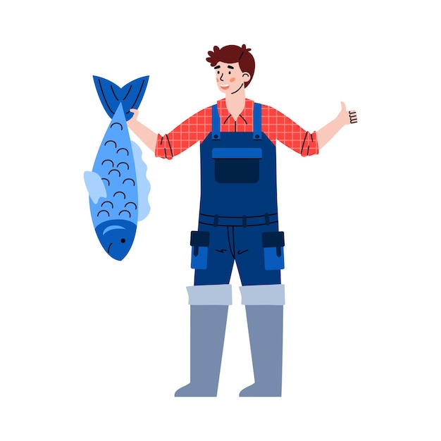 Happy fisherman hold big catch fish in hand a vector isolated illustration