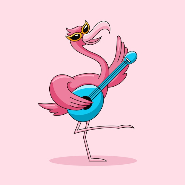 Happy flamingo bird dancing and playing small guitar illustration