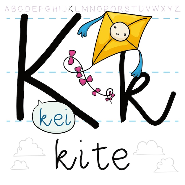 幸せな飛行凧は、尾に弓で飾られ、アルファベットの「K」の文字を教えます