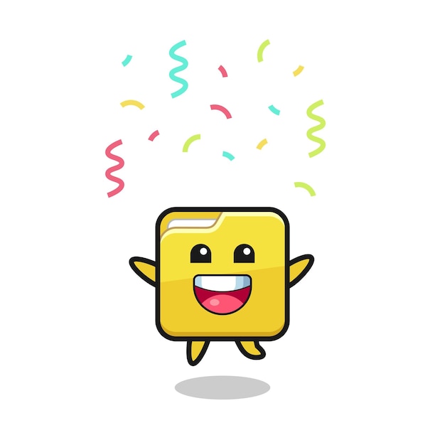 Happy folder mascotte springen voor felicitatie met kleur confetti