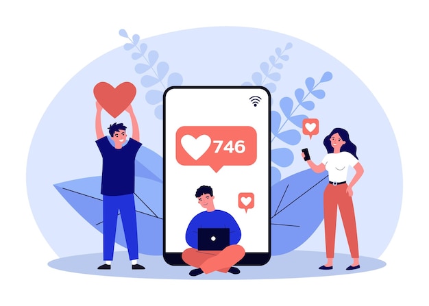 Happy followers giving likes to viral content of influencer. Tiny people holding heart in hand flat vector illustration. Loyalty of blog audience concept for banner, website design or landing web page