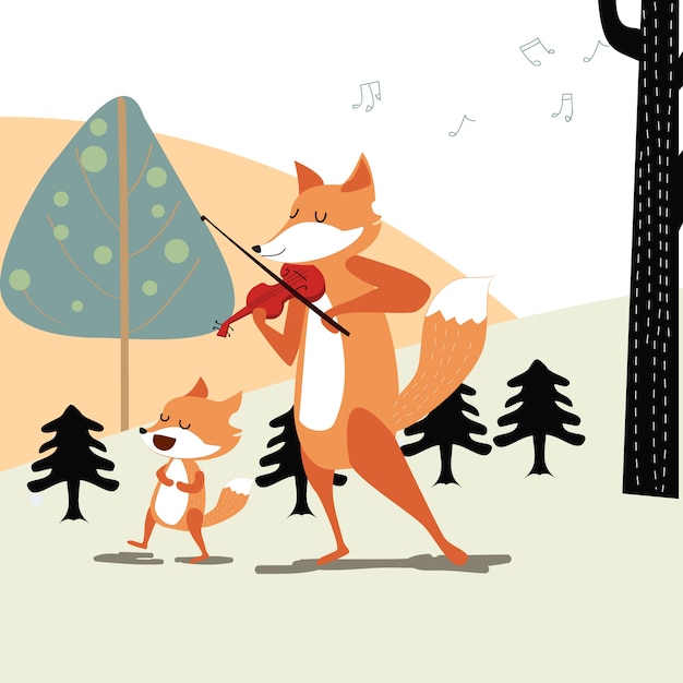 Happy fox and papa play the music