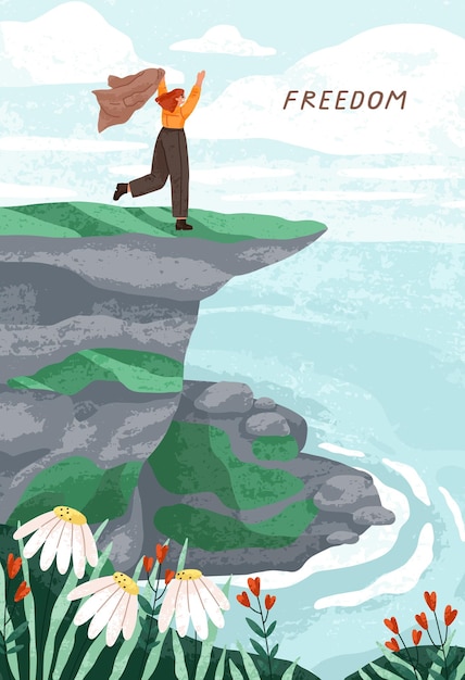 Счастливая свободная женщина на вершине горной скалы с видом на море, океан. Дизайн карты свободы с миром природы, летним пейзажем и беззаботным человеком, наслаждающимся морем. Цветная плоская векторная иллюстрация.