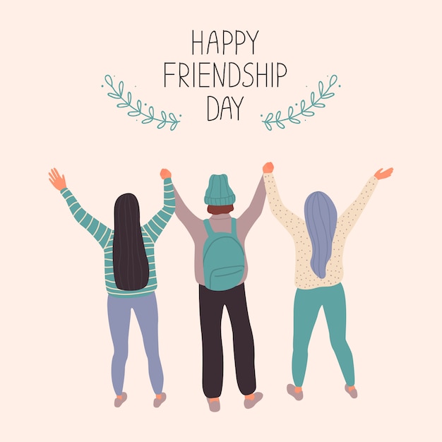 Happy friendly day greeting card. friends standing together. happy friendship day illustration