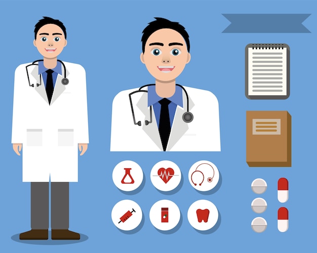 행복 한 친절 한 백인 의사와 의료 디자인 아이콘 세트