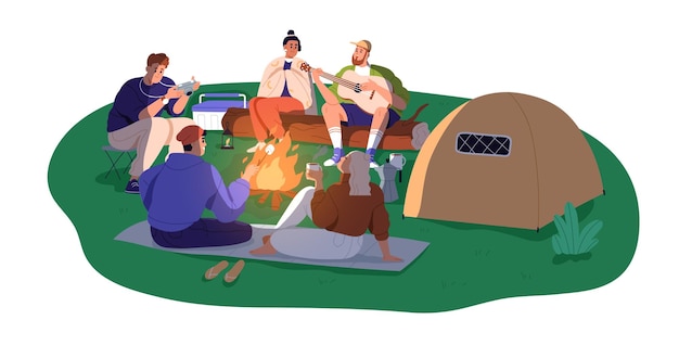 벡터 캠핑, 캠핑장, 여름 휴가 동안 불 주위에 앉아있는 행복한 친구. 캠핑, 산책, 캠핑, 자연. 색 바탕에 고립 된 평평한 그래픽 터 일러스트.