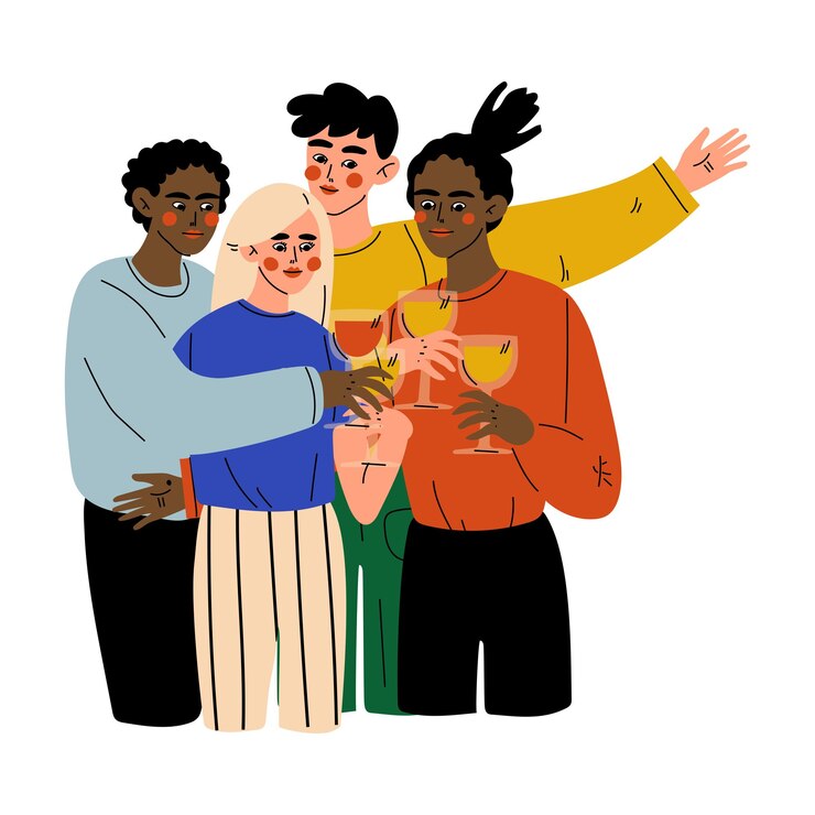 Vector happy friends celebrating an important event young men and women clinking glasses and drinking alcohol at party vector illustration
