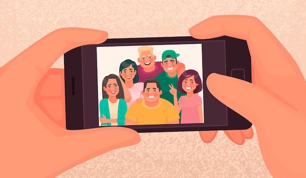 Vector happy friends guys and girls take a selfie. photo of young people made on a smartphone.