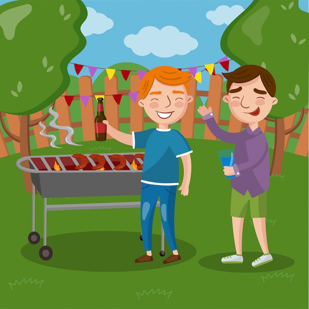 Happy friends having outdoor barbecue, men cooking meat, talking and drinking beer together   Illustration