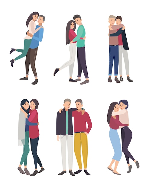 Vector happy friends hug set. guys and girls cuddling, colorful flat illustration.