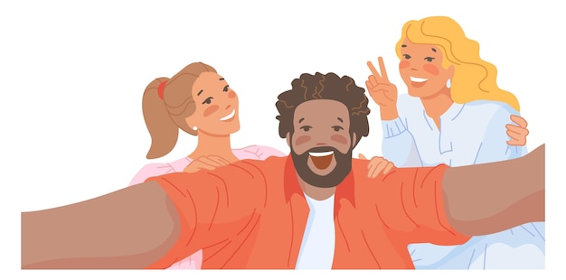 Vector happy friends making selfie people having fun together