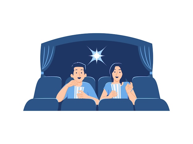 Vector happy friends male female couple watching movie and eating pop corn at movie theater or cinema concept illustration