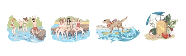 休日に幸せな友達、人々は水に飛び込み、女性は桟橋に座って、サーフボードにサングラスの犬、夏のセット