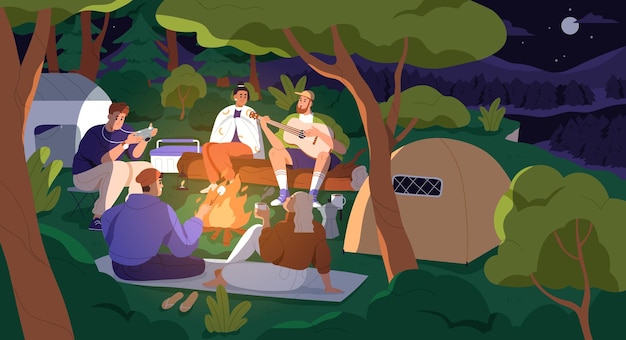 Счастливые друзья сидят у костра в ночном лагере, на пикнике. Люди с гитарой в кемпинге на природе. Мужчины и женщины у костра возле палаток в палаточном лагере на летних каникулах. Плоская векторная иллюстрация.