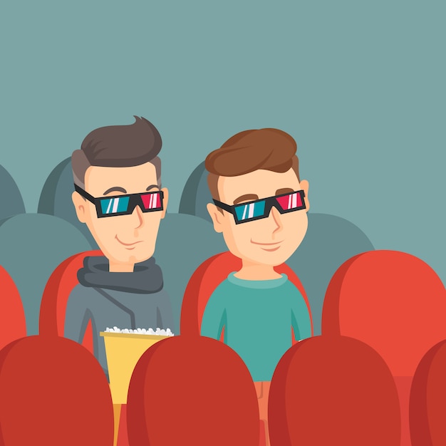 Vector happy friends watching 3d movie in the theatre.