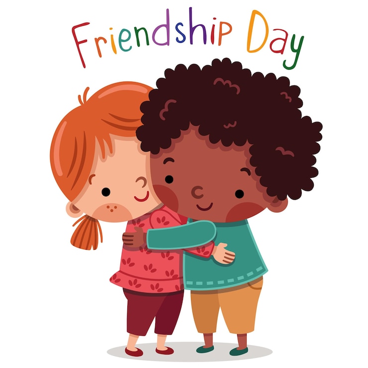 Vector happy friendship day cartoon illustration of two kids hugging each other