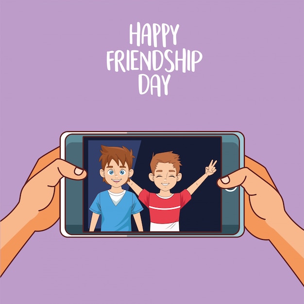 Happy friendship day celebration with boys couple in smartphonr
