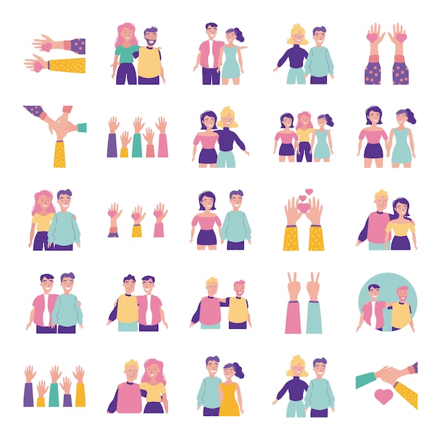 Vector happy friendship day celebration with people and icons set