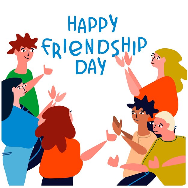 Happy Friendship Day concept Greeting card with happy young people applauding celebrating Vector illustration in flat style with handlettered greetings on white background